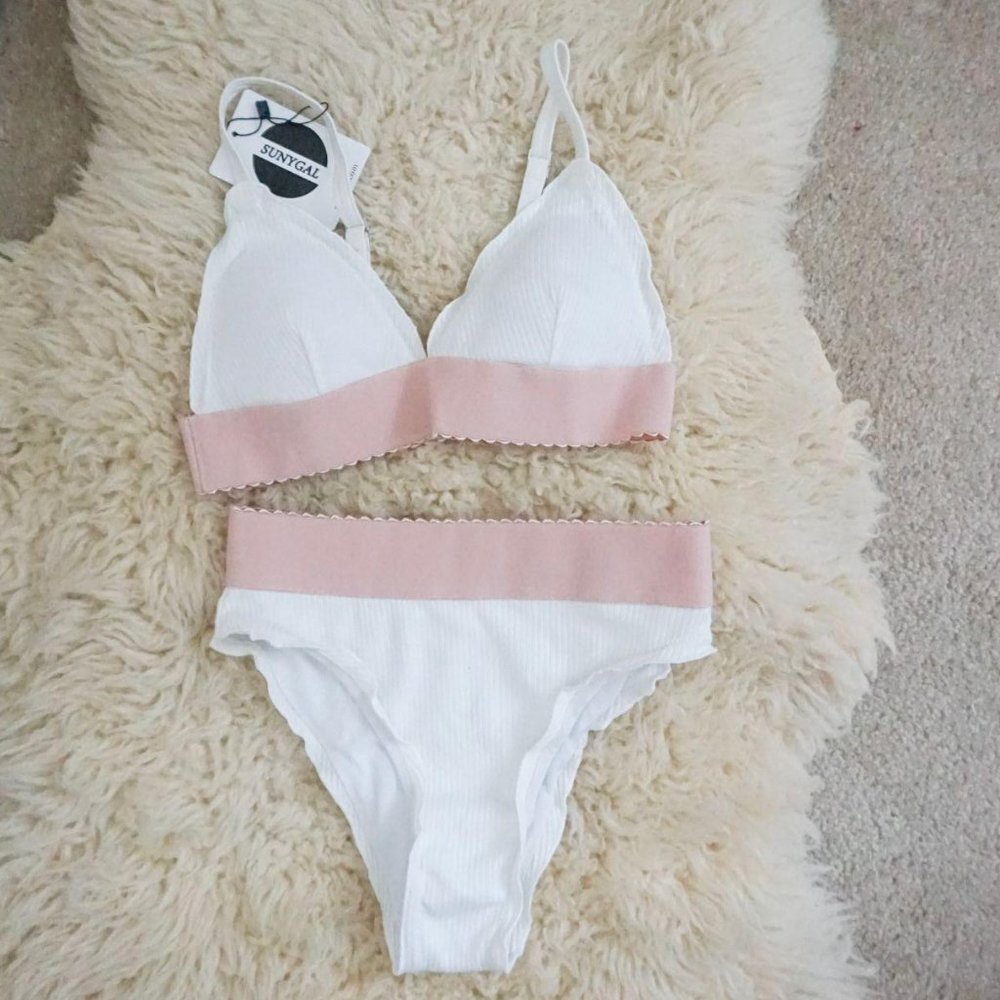 sunygal white lettuce hem high rise bikini set